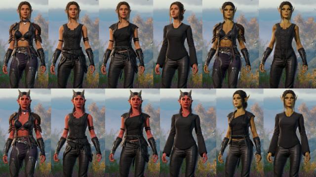 Biker Outfit and 3 Black Outfits For Human Elf Tiefling and Githyanki Women