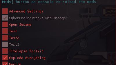 Cyber Engine Tweaks In-game Mod Manager (dofile script launcher) for Cyberpunk 2077