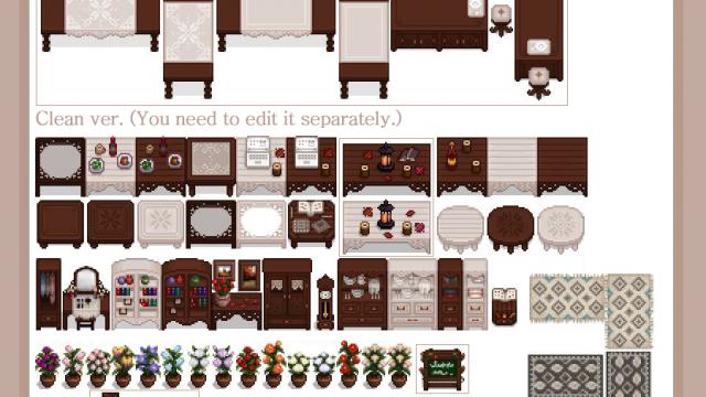 Yellog’s dark brown and cream colored furniture for Stardew Valley