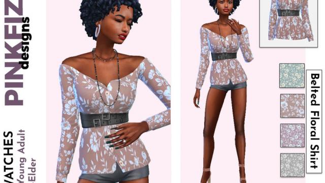 Belted Floral Shirt для The Sims 4