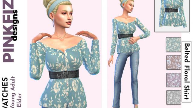 Belted Floral Shirt для The Sims 4