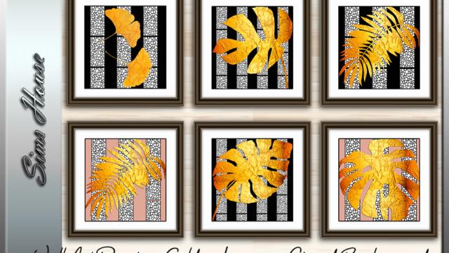 Wall Art Painting Golden Leaves on Striped Background