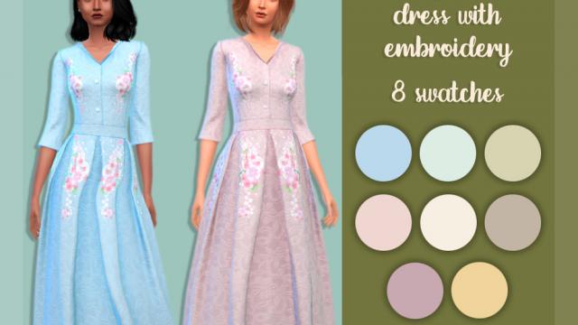 Long lace dress with embroidery for The Sims 4