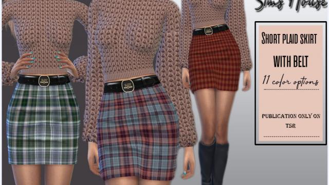 Short plaid skirt with belt